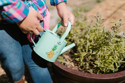 Kids Watering Plants with Collected Rainwater