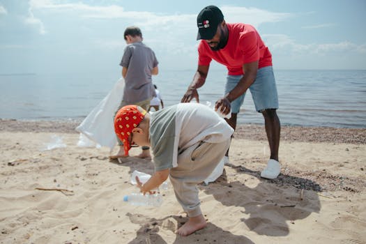 children participating in a beach clean-up