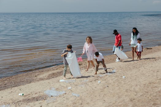 Kids participating in a beach cleanup