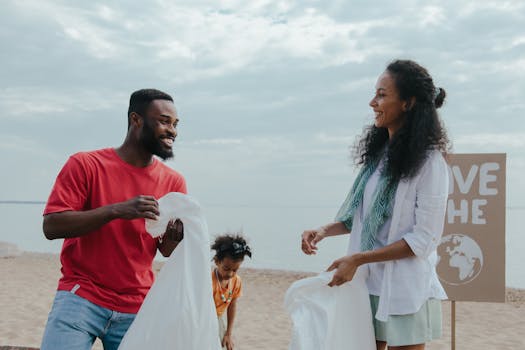 family participating in a local beach cleanup